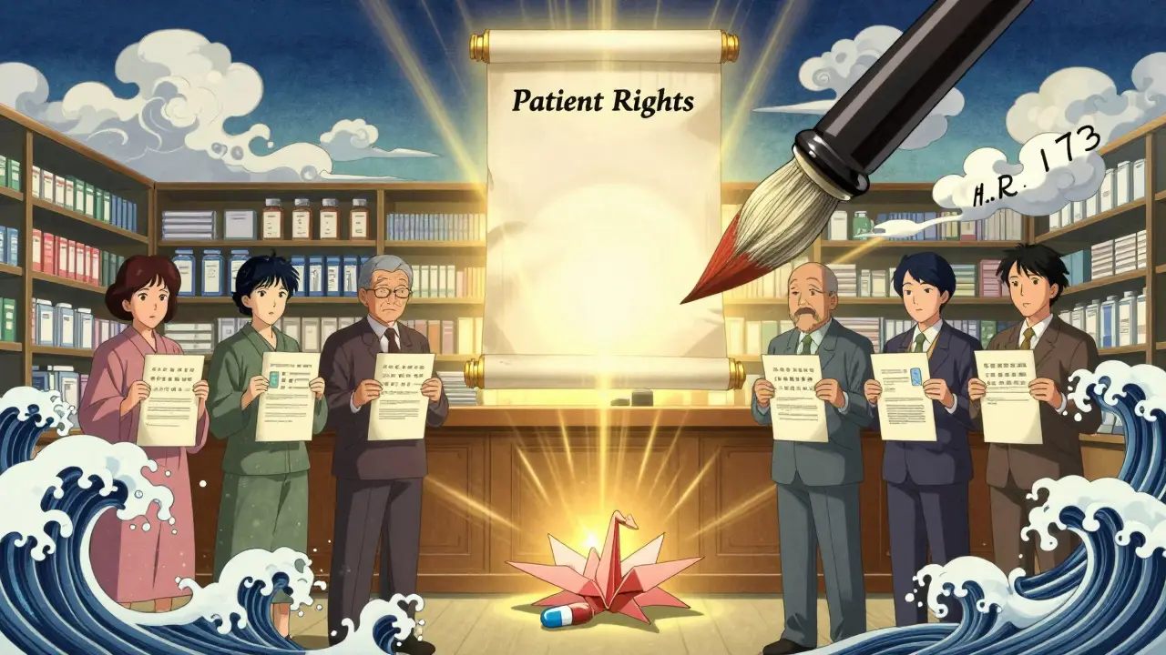 Patients holding plain-language instruction sheets as glowing patient rights scroll above a pharmacy shelf.