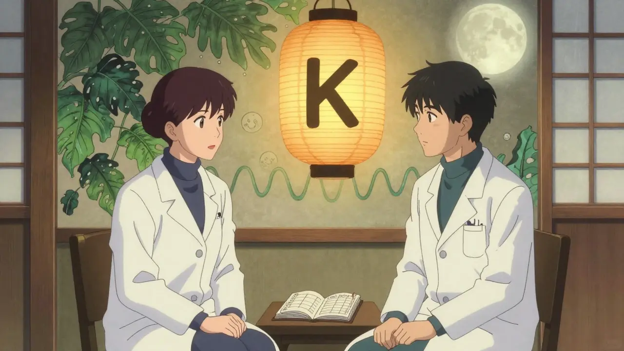 Pharmacist and patient under a vitamin K-shaped lantern, mural of greens turning into stable INR waves.