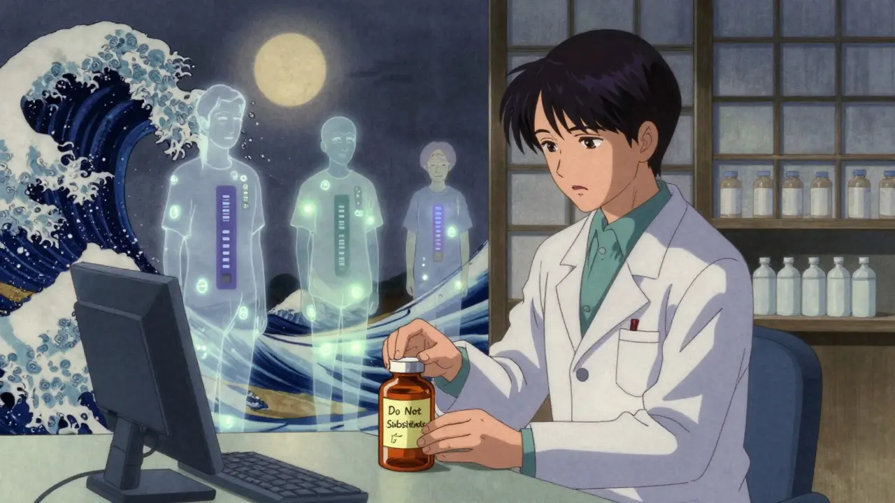 Pharmacist placing 'Do Not Substitute' note on a bottle while patients glow with internal drug levels in a moonlit pharmacy.