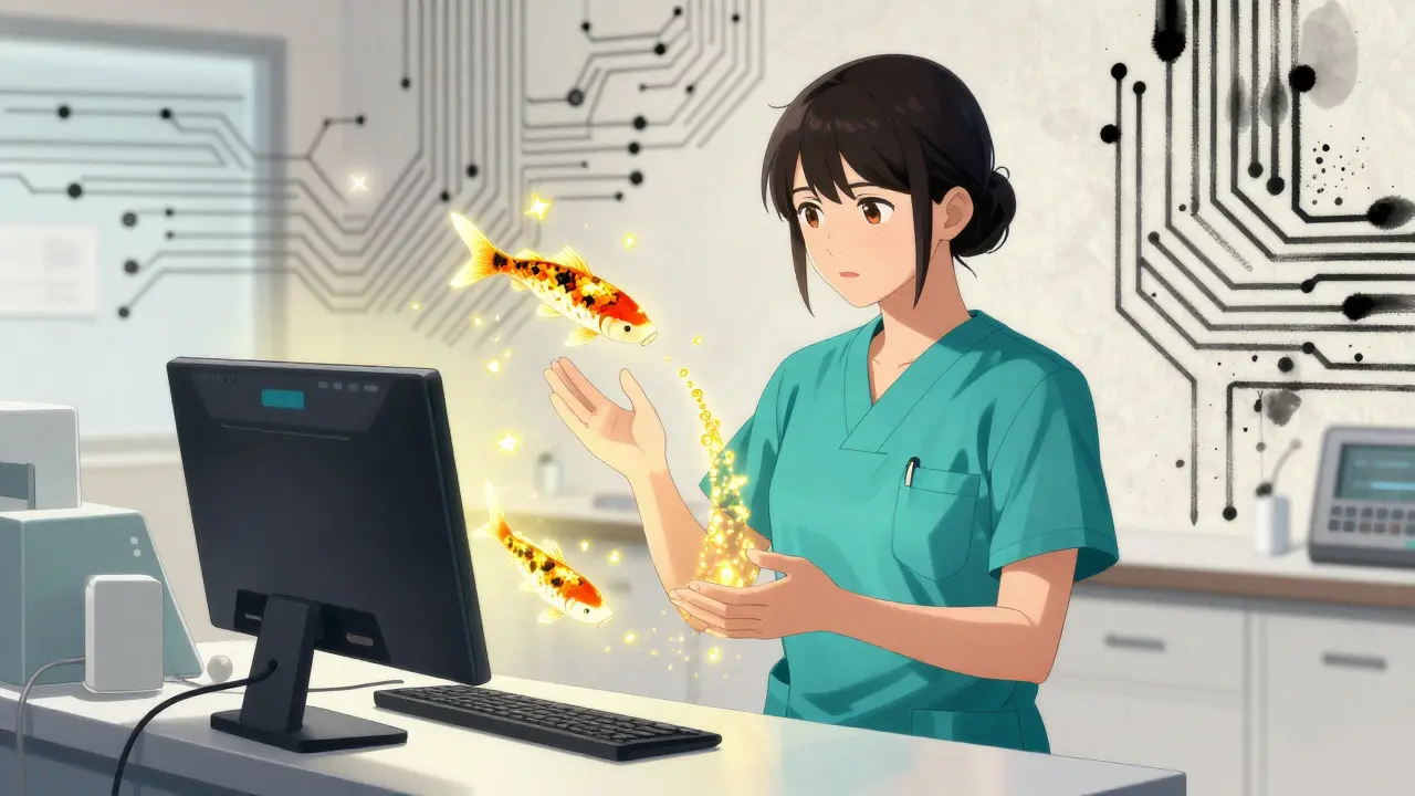 Pharmacist surrounded by glowing data streams
