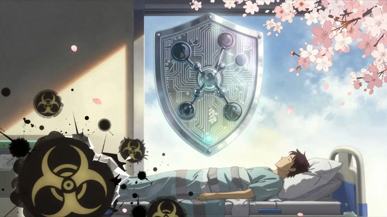 Protective molecular shield hovering over a resting patient figure.