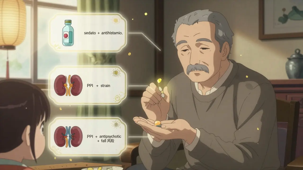 Senior man holding a pill while glowing drug interaction risks hover around him in soft light.