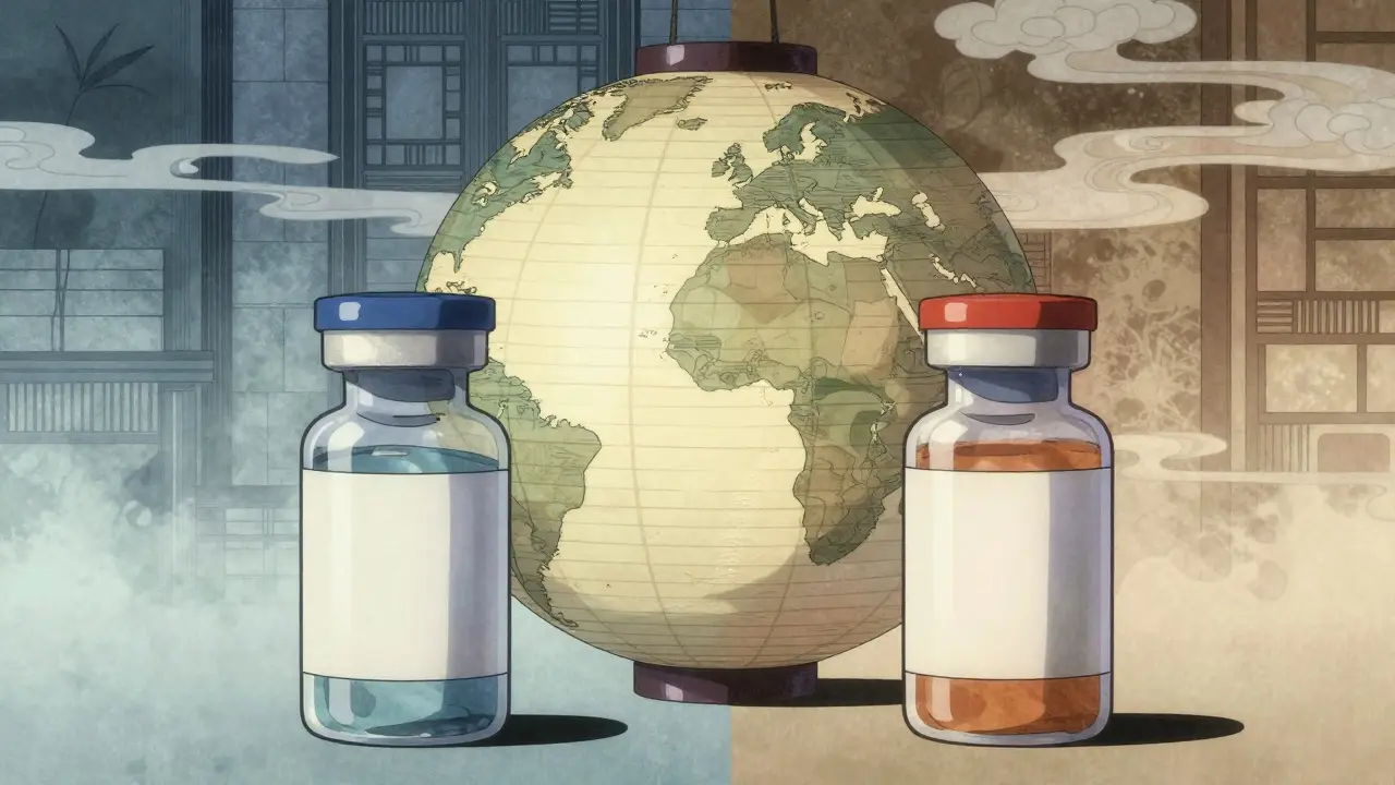 Split view of medicine bottles showing regional design variations.