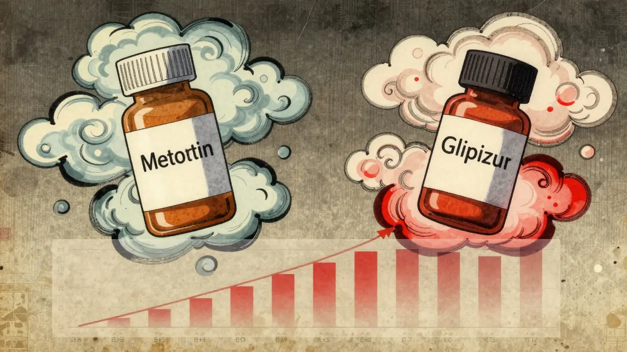 Two drug bottles surrounded by stylized ink-wash clouds of reported side effects, shown like a traditional Japanese screen painting.