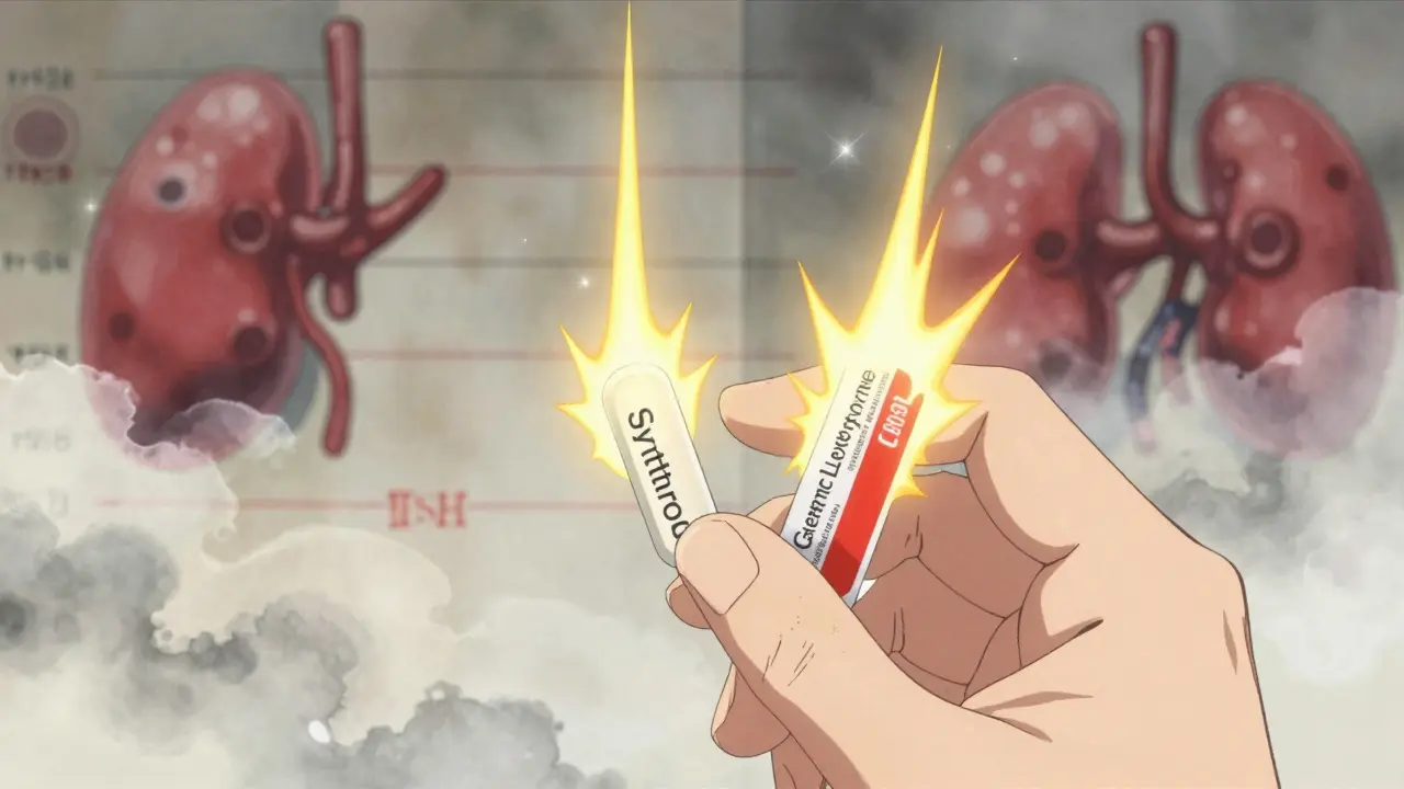 Two identical pills releasing contrasting energy streams, symbolizing different absorption rates in thyroid medication.