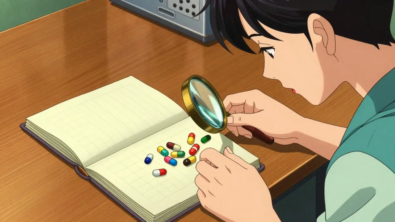 Woman reviewing medication shapes at a desk with a magnifying glass