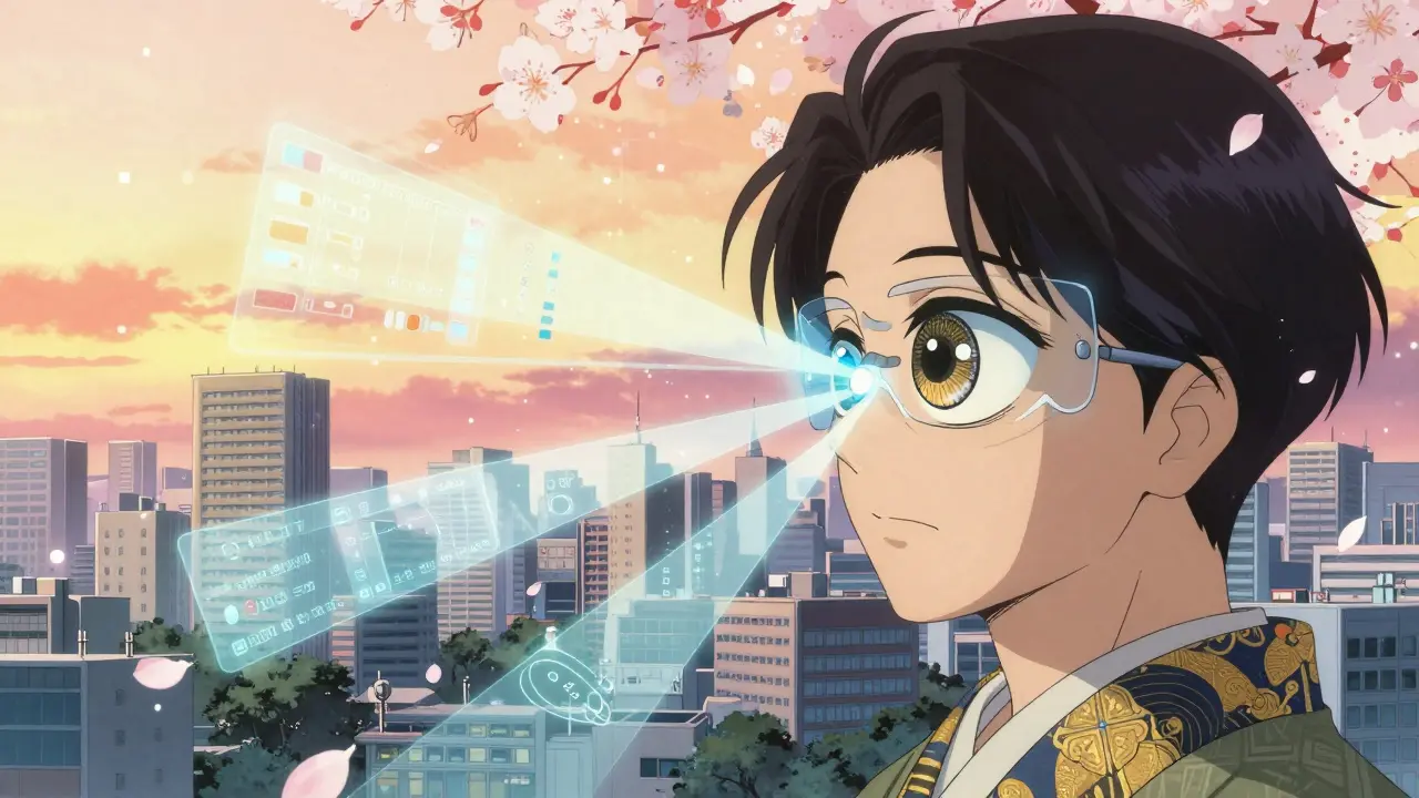 A futuristic AI eye monitoring pharmacy data streams amidst a sunrise and cherry blossoms.