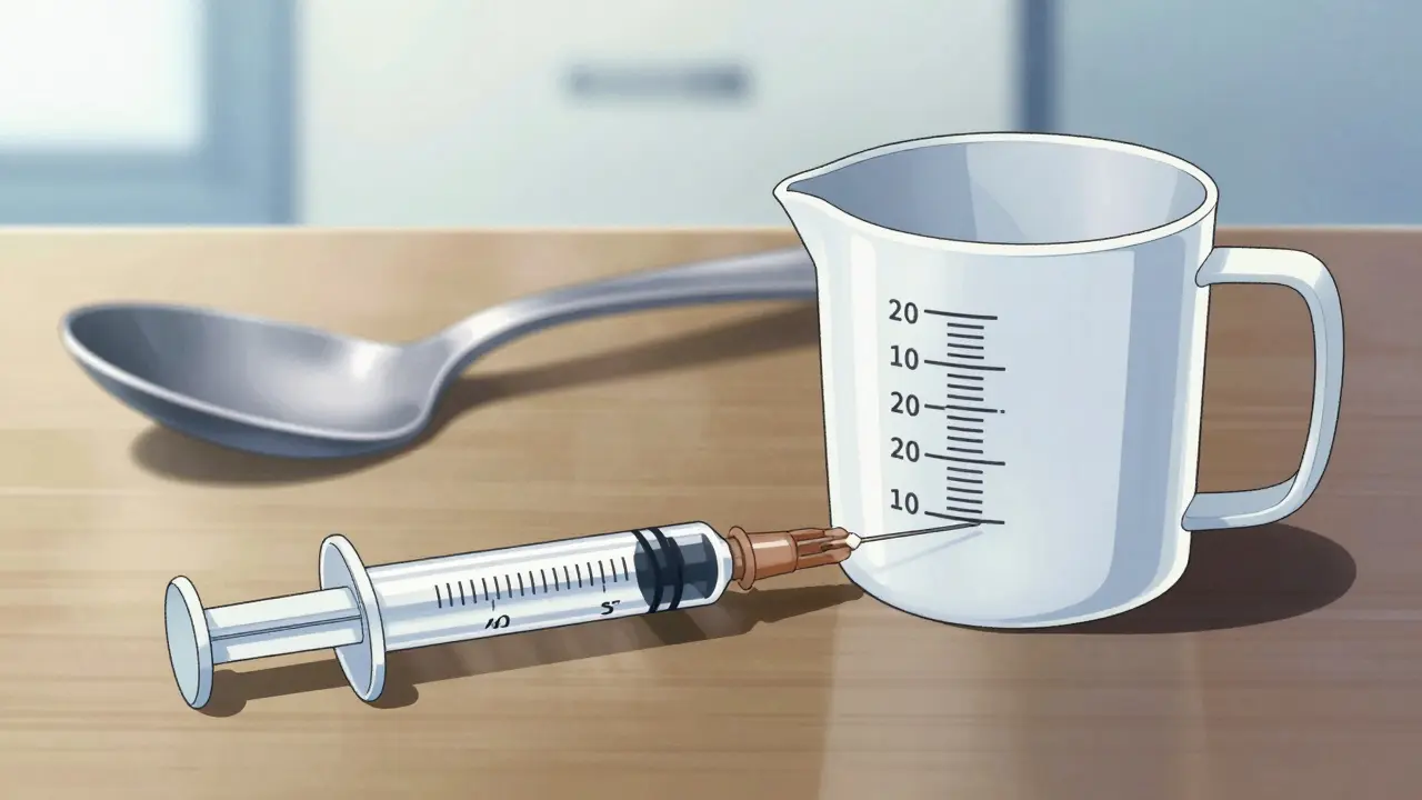 A medical dosing syringe and measuring cup next to a kitchen spoon.