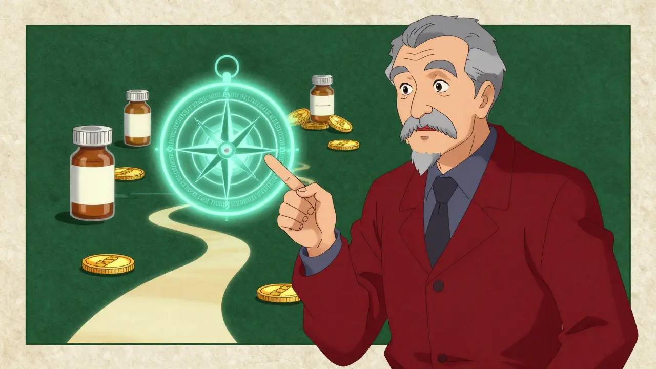 A mentor figure pointing to a glowing digital compass to guide a senior citizen.