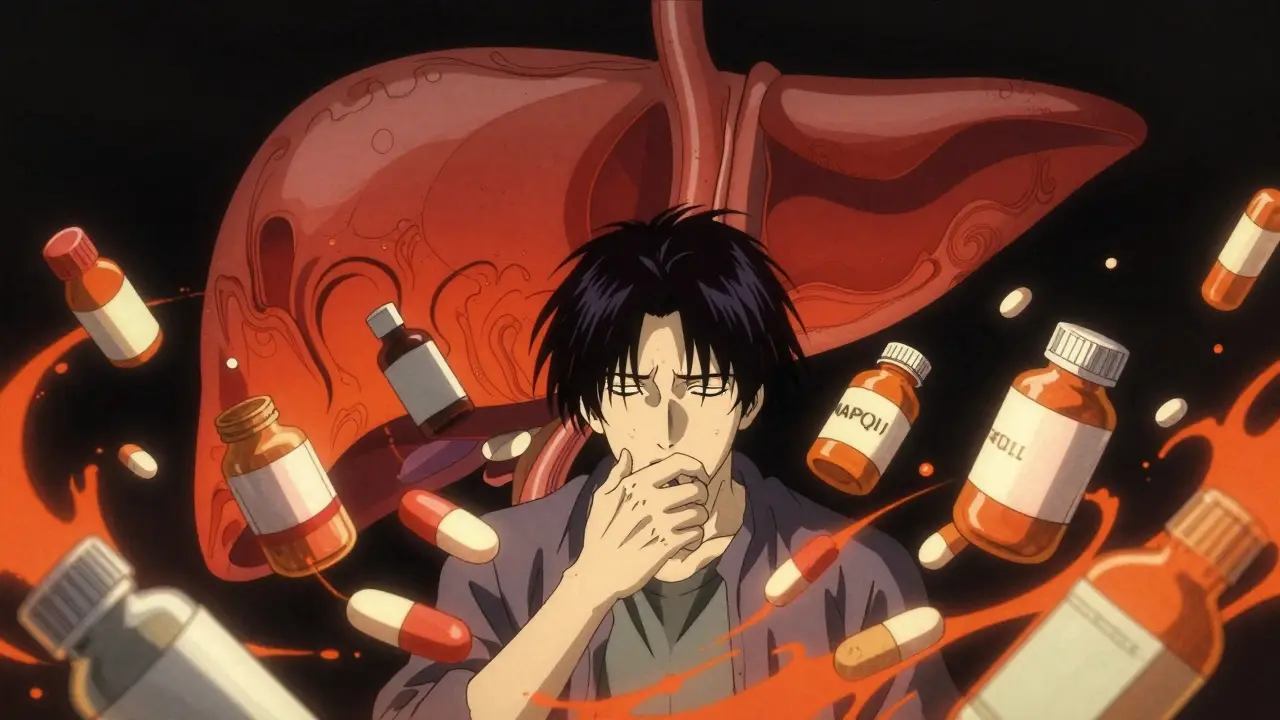 A person surrounded by swirling medicines with a stylized liver in the background.