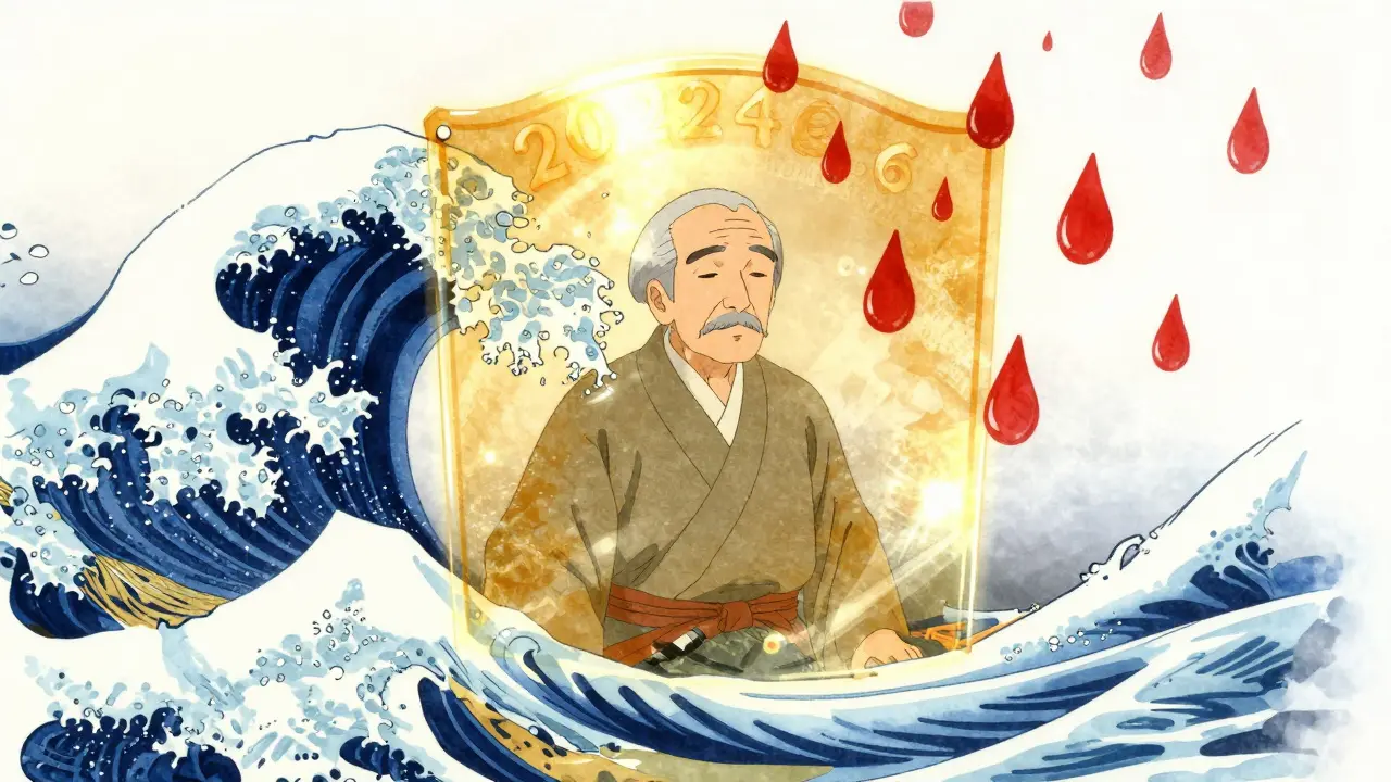 An elderly man protected by a golden wave-patterned barrier from falling red rain.
