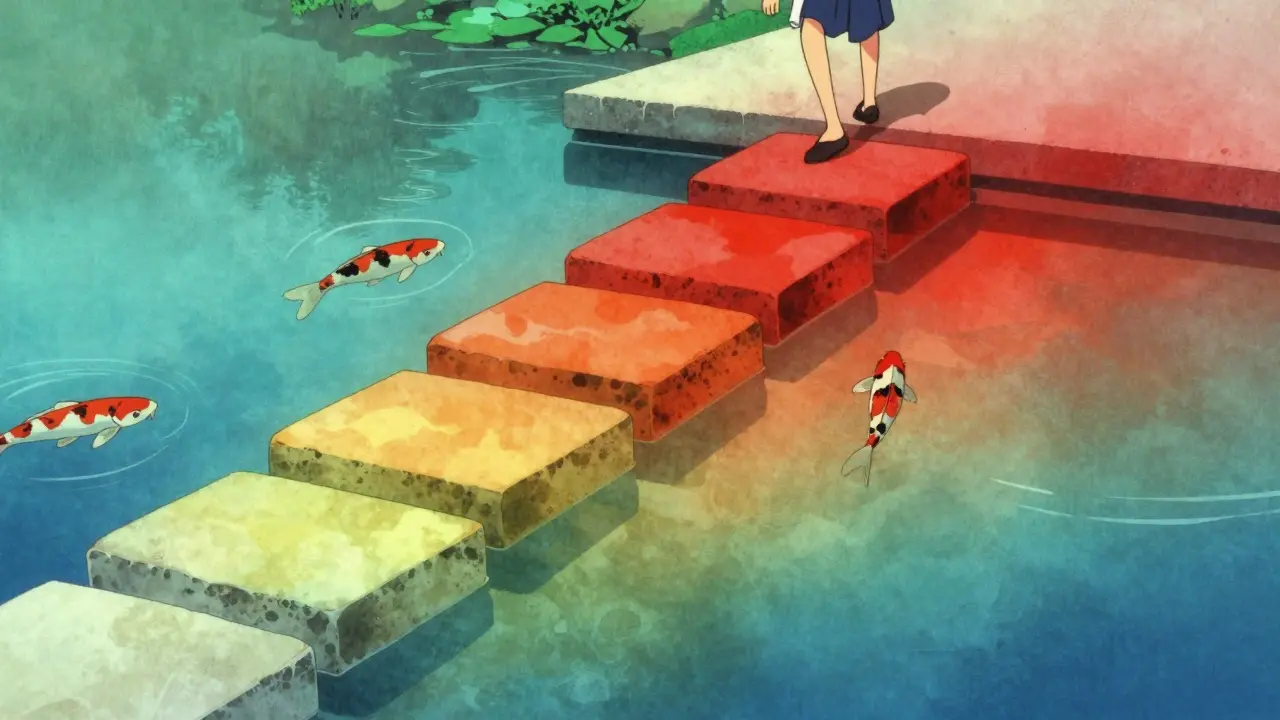 Anime character descending a series of floating steps over a traditional Japanese pond.