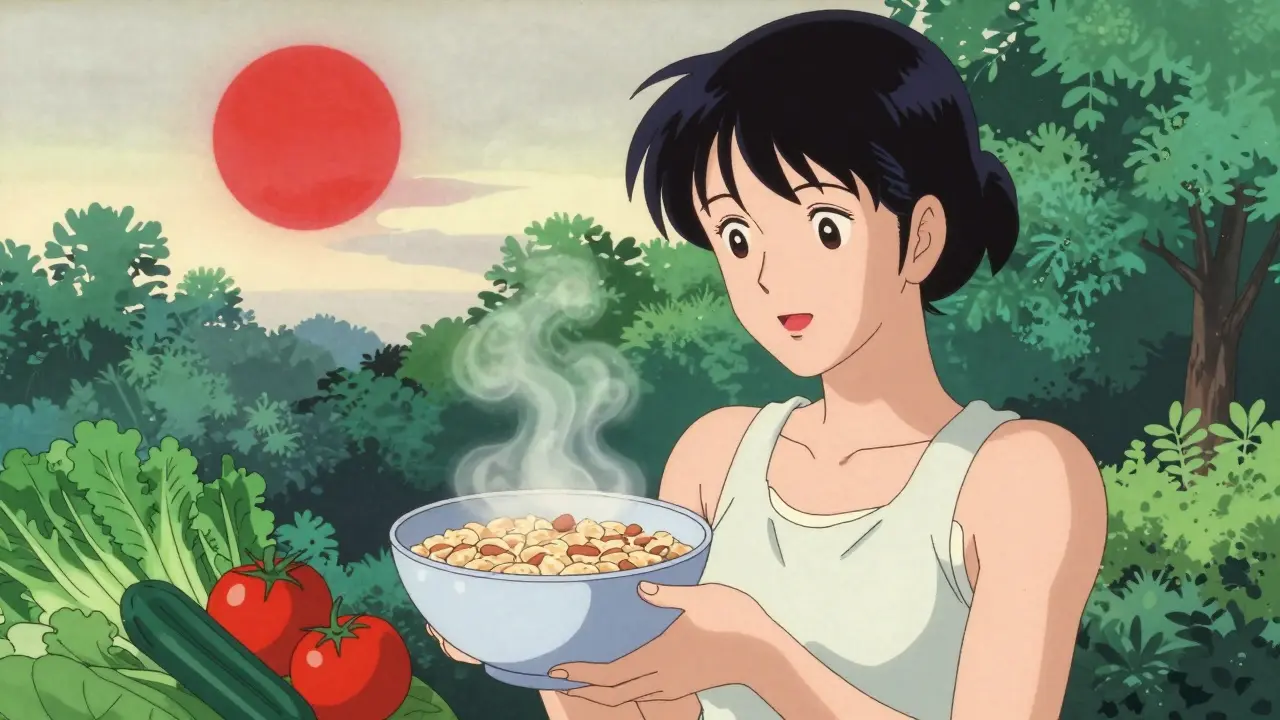 Anime character in a garden with heart-healthy foods and a stylized red sun.