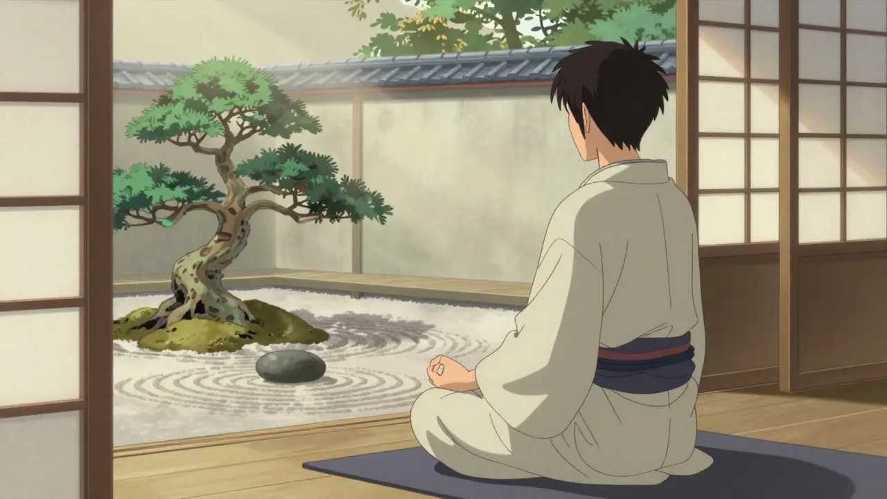 Anime character meditating in a Zen garden with soft sunlight and a bonsai tree.