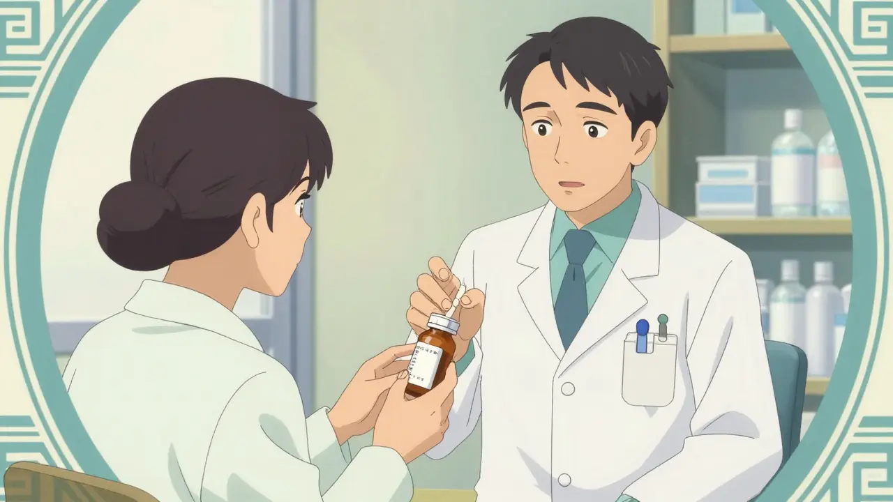 Anime pharmacist and patient discussing medication lot numbers for safety verification.