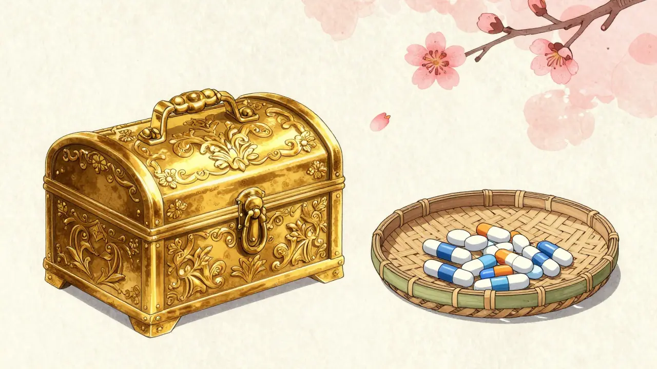 Conceptual art comparing a gold chest and a bamboo basket of medication in anime style.