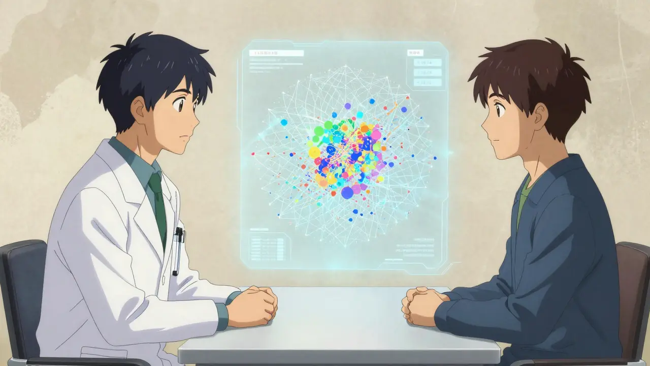 Doctor and patient reviewing a holographic genetic risk map in a Ukiyo-e influenced anime setting.