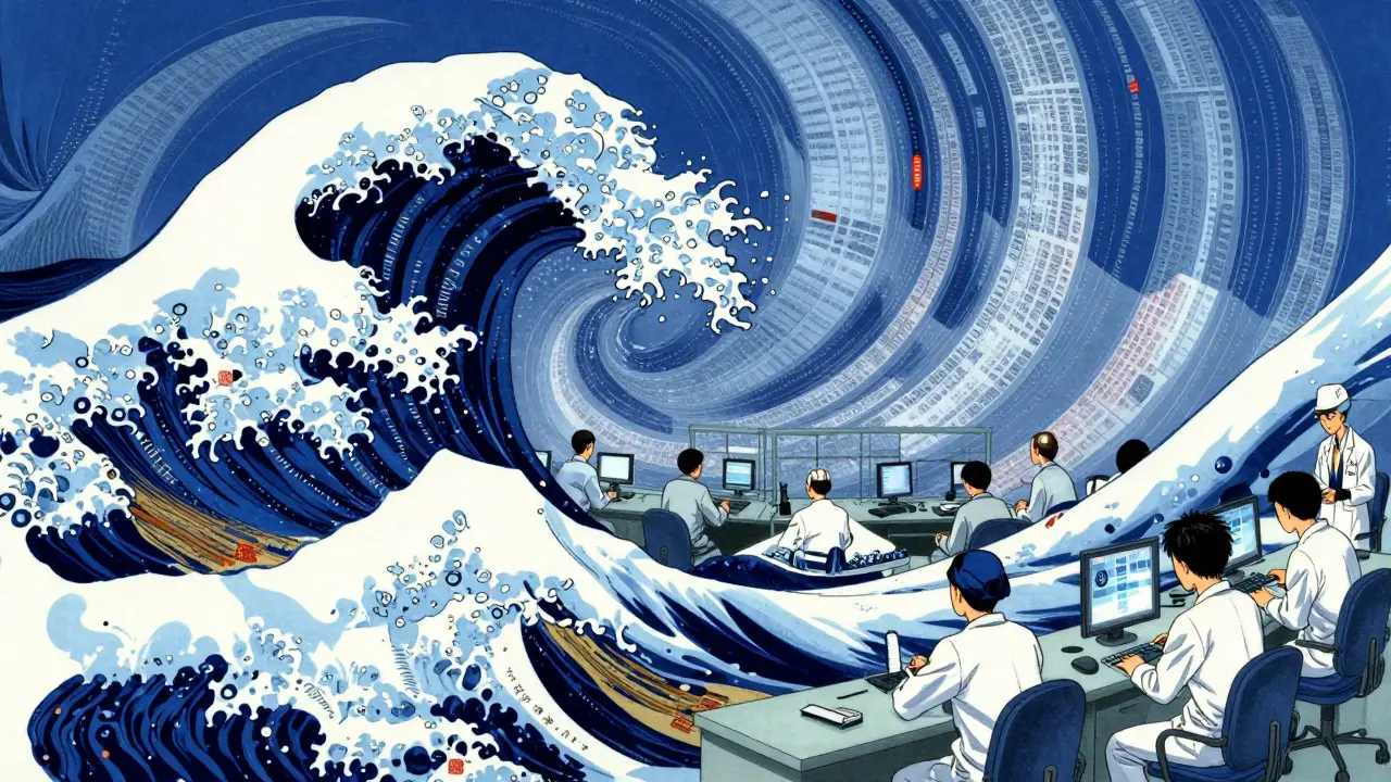 FDA scientists analyzing a wave of digital safety reports in a stylized Ukiyo-e anime setting.