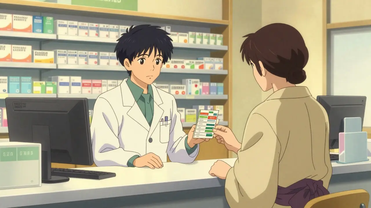 Patient and pharmacist reviewing a bilingual label with a translator in a serene anime setting.