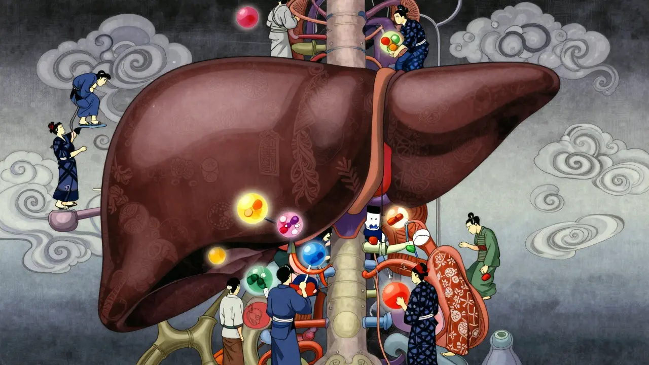 Stylized anime liver engine room with personified enzymes processing medicine in Ukiyo-e style.